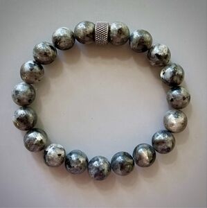 Black Larvikite Labradorite Beaded Bracelet with Stainless Steel Accent NEW